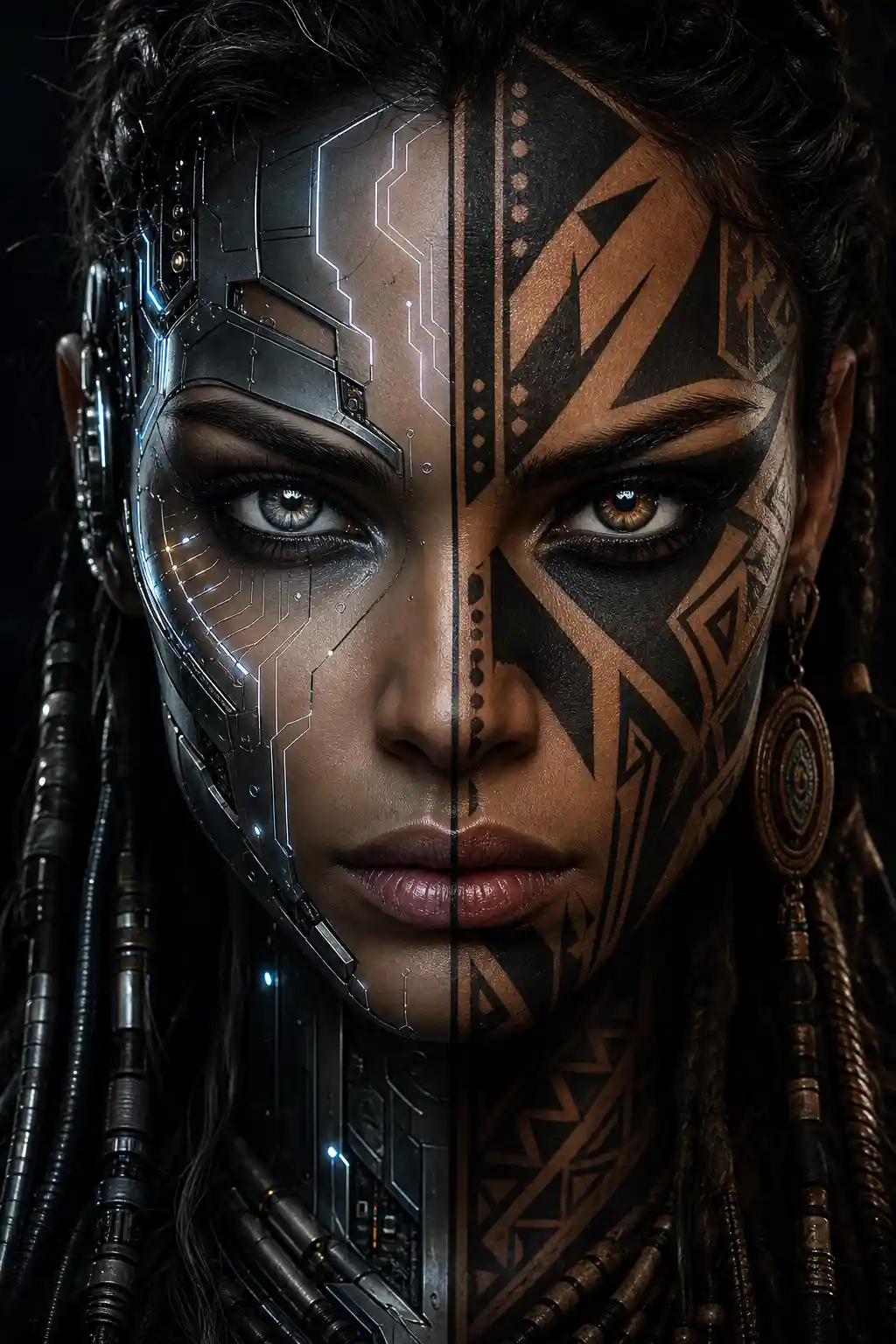 Split face woman with circuitry and tribal markings
