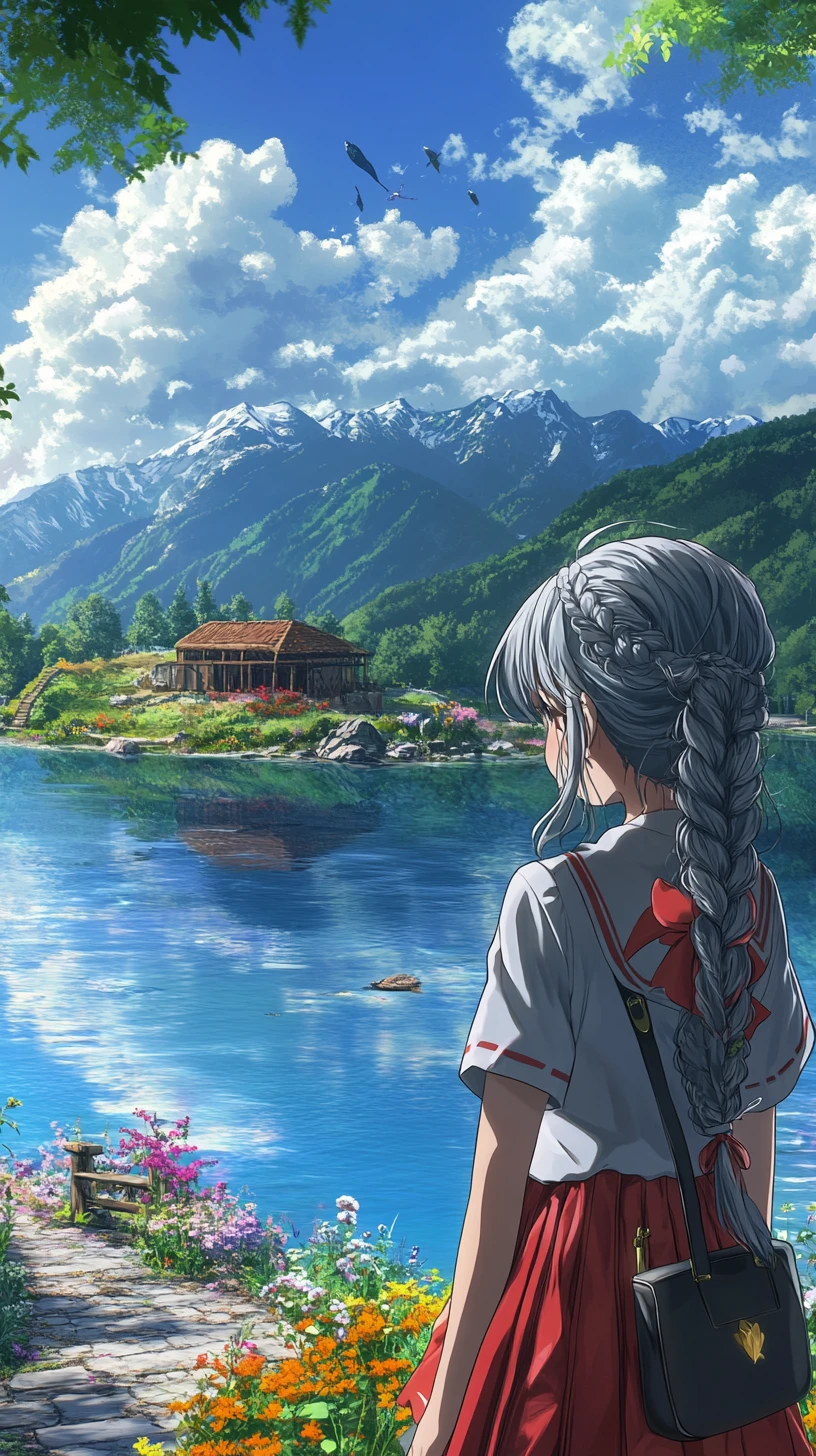 Serene mountain lake with island ruins and stone wall