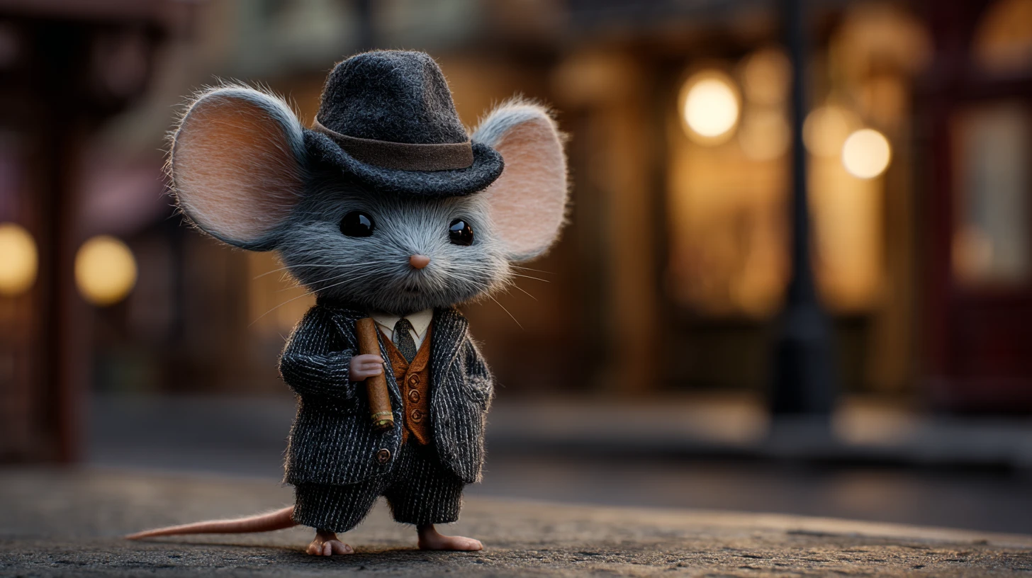 Tiny mafia mouse in suit on vintage city street
