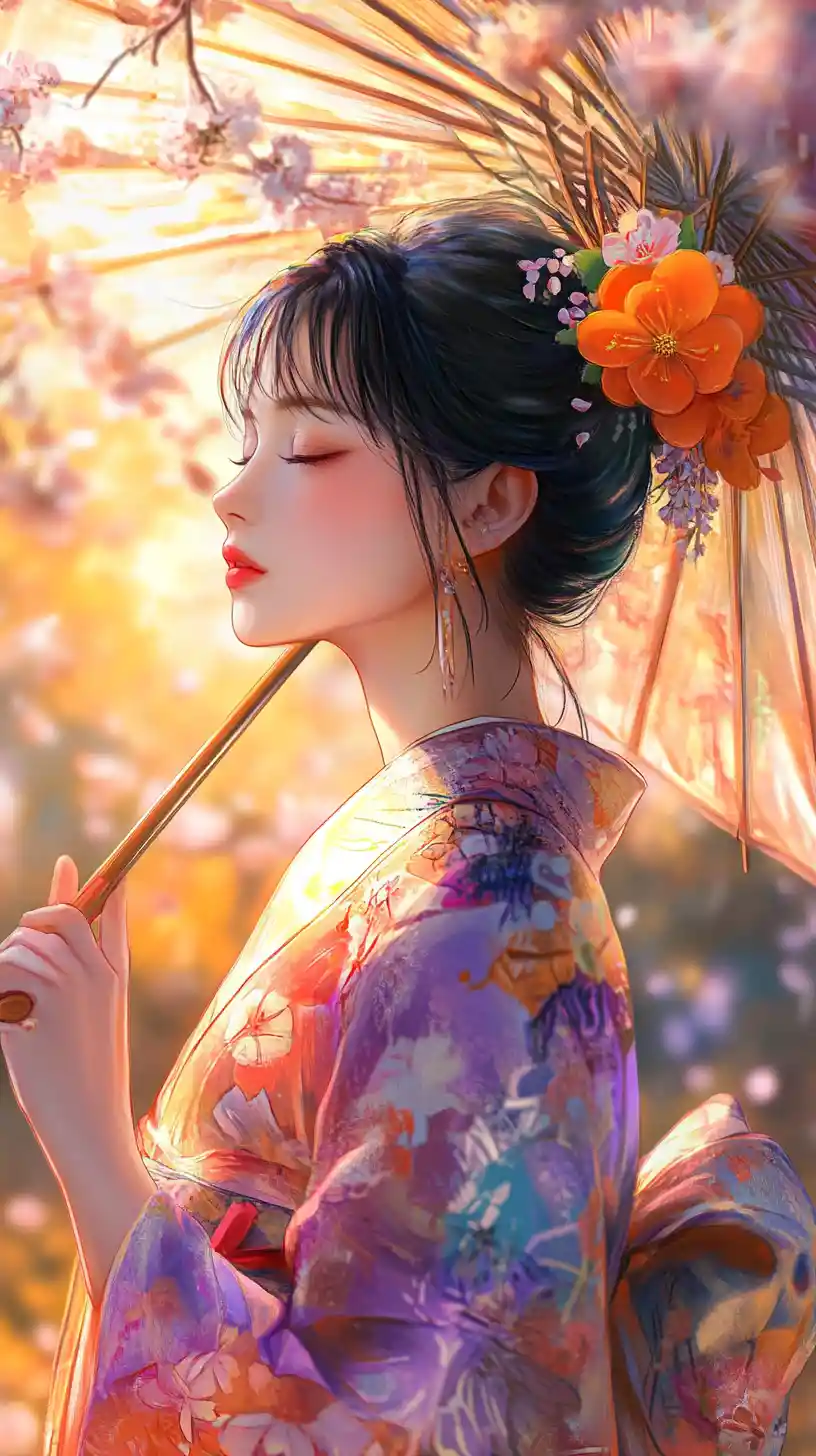 Anime woman in kimono under umbrella with cherry blossoms