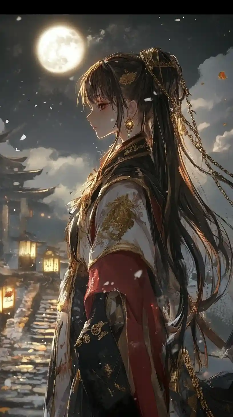 Anime girl in ornate outfit on stone evening stairs