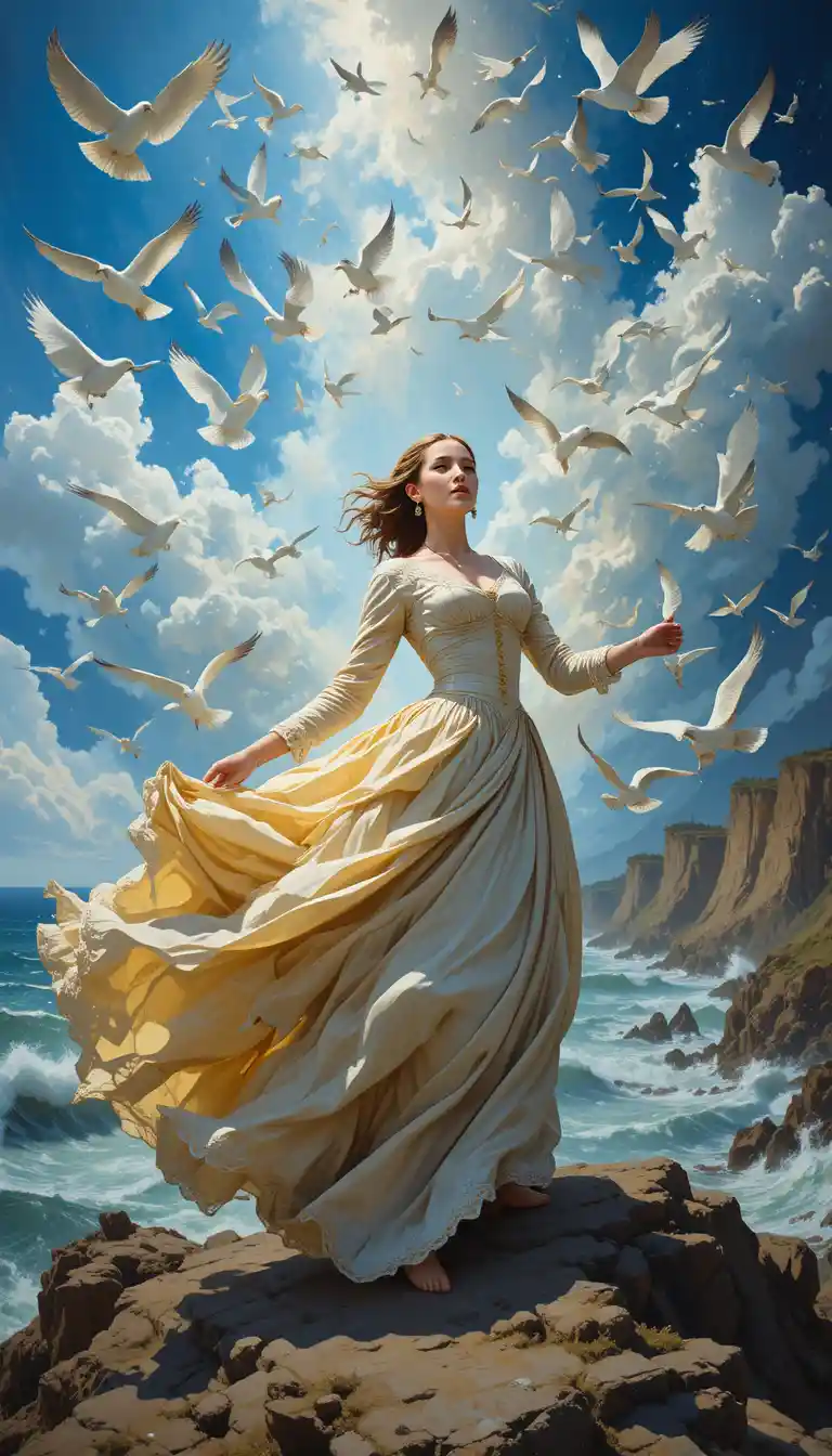 Young woman on windy cliff with flowing fabric