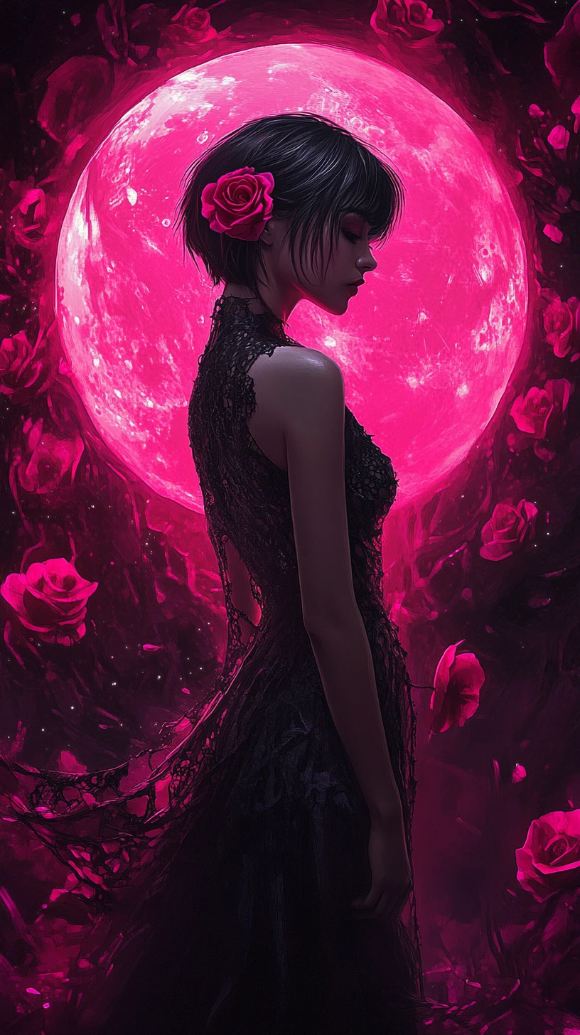 Elegant dark woman before a glowing magenta moon