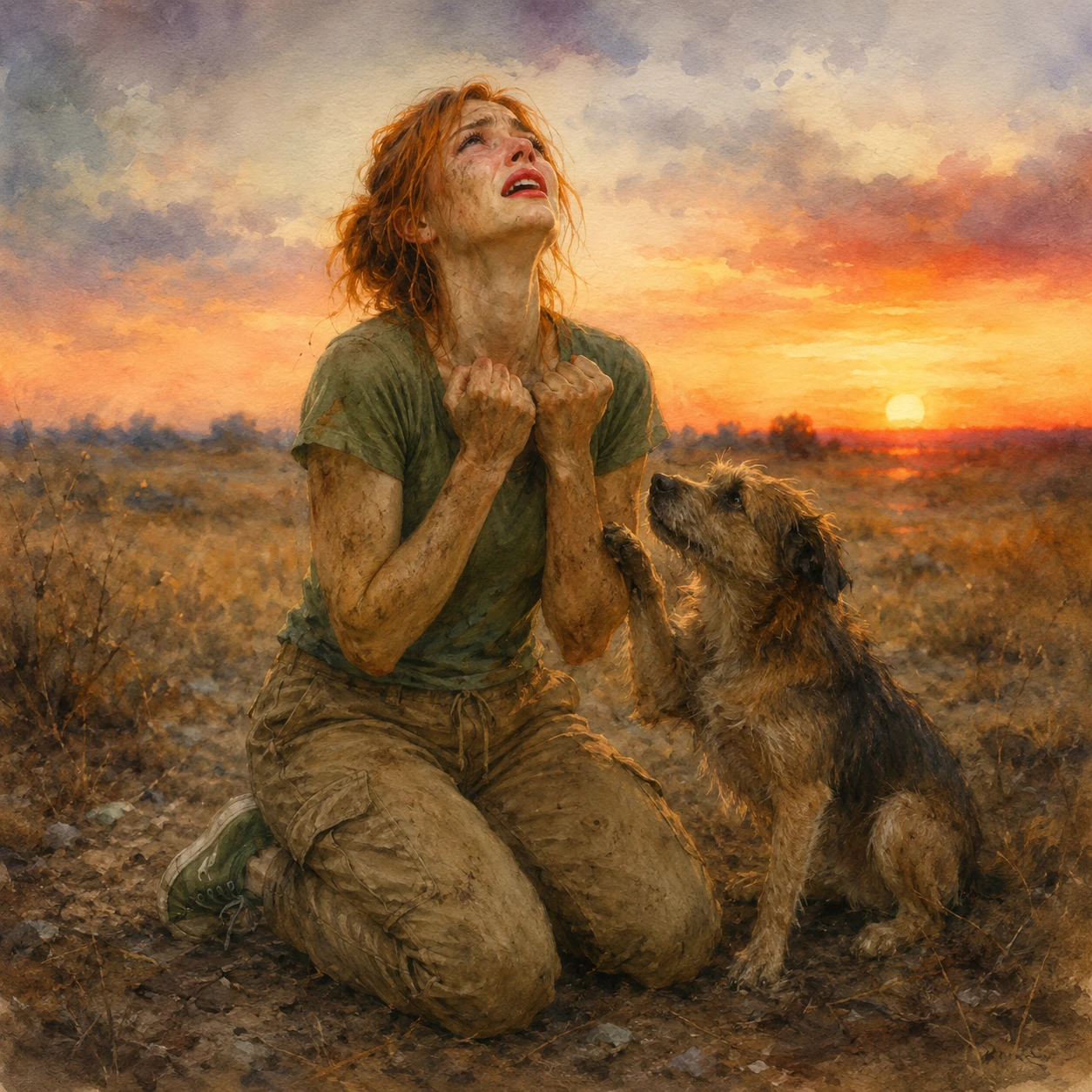 Desperate young woman kneeling in dry field at sunset