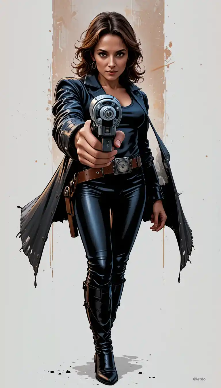 Armed middle aged woman aiming pistol in dark outfit