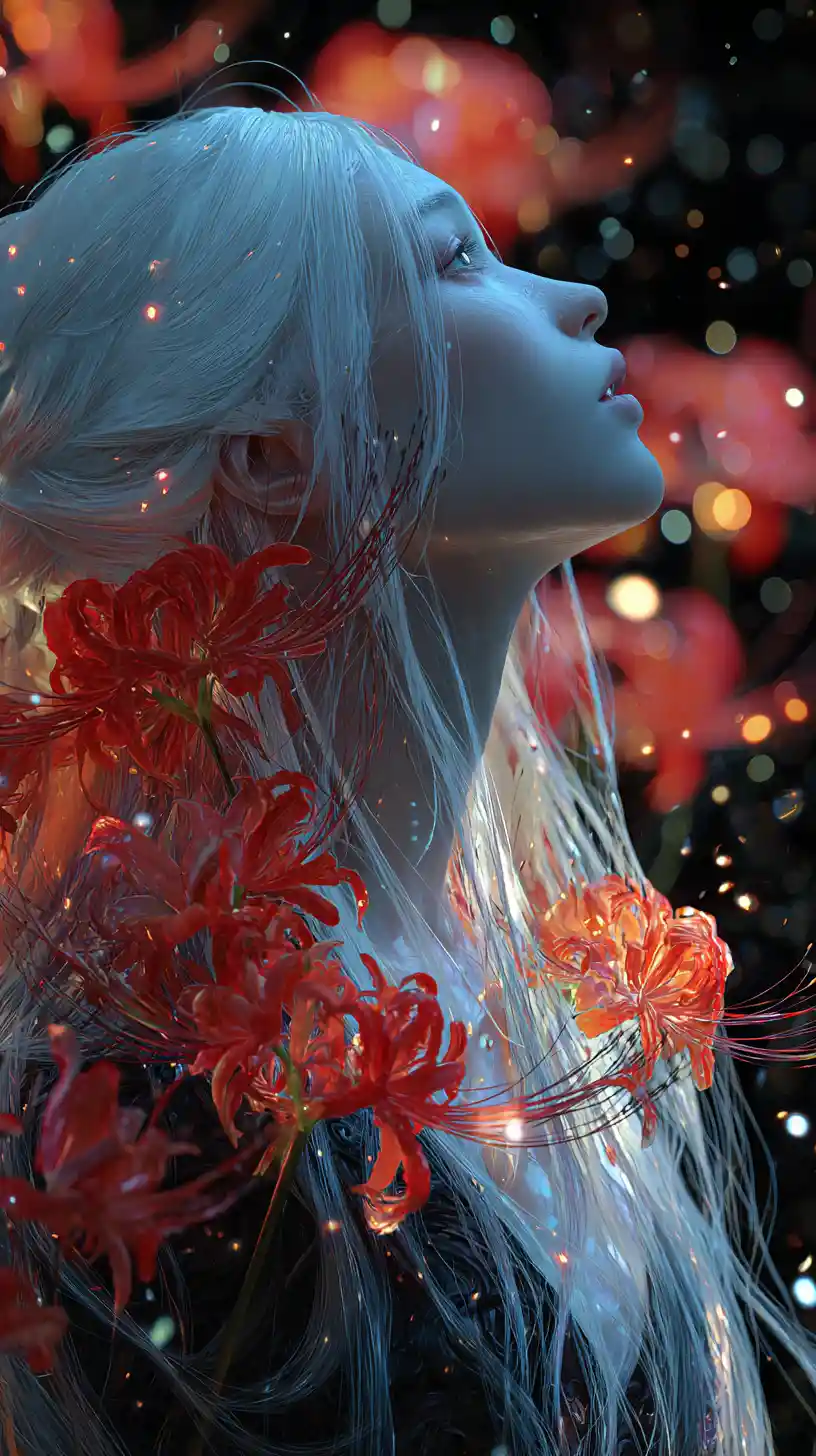 Ethereal girl with white hair and red lilies in darkness