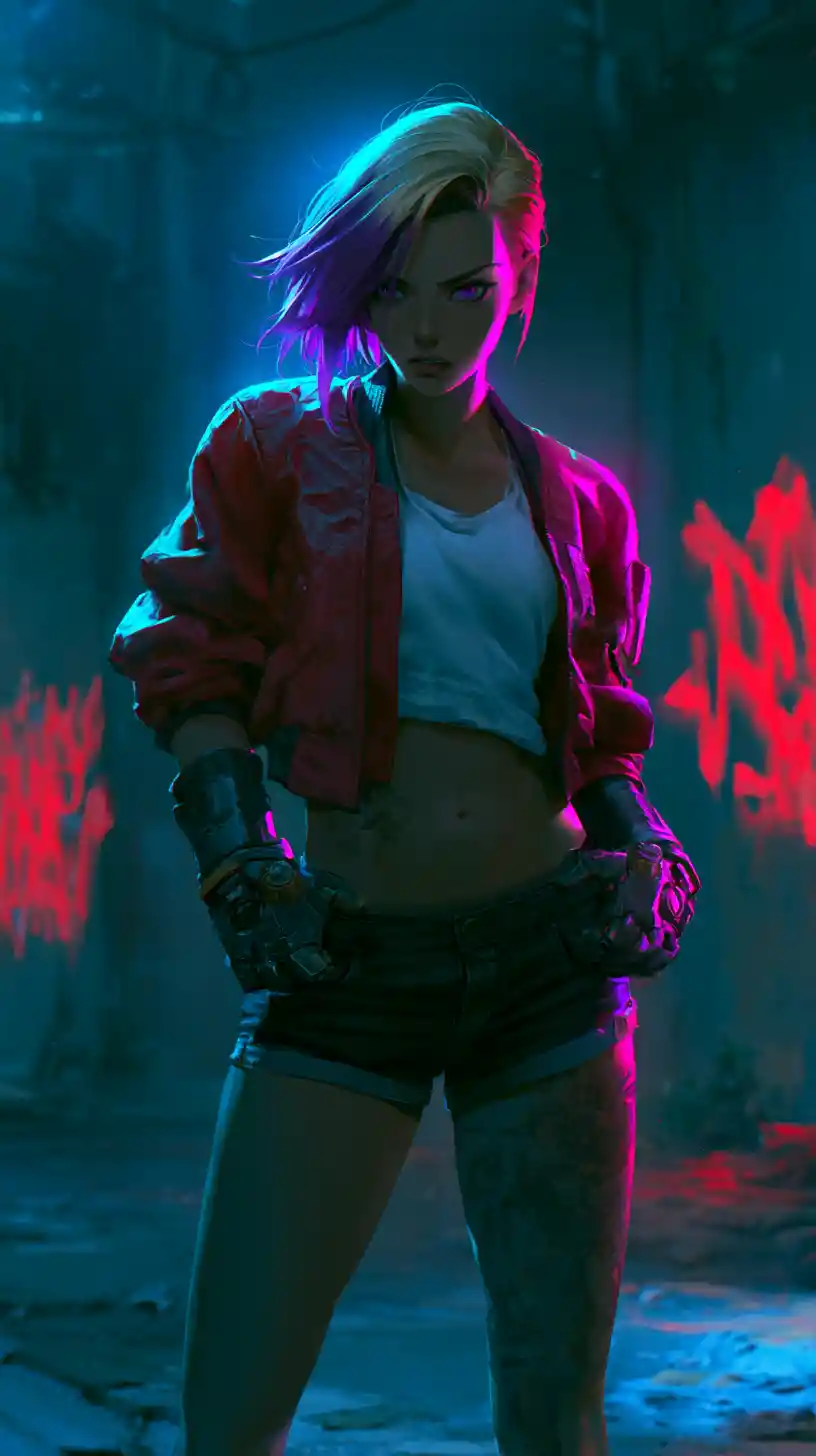 Rebellious woman in neon lit cyberpunk city street