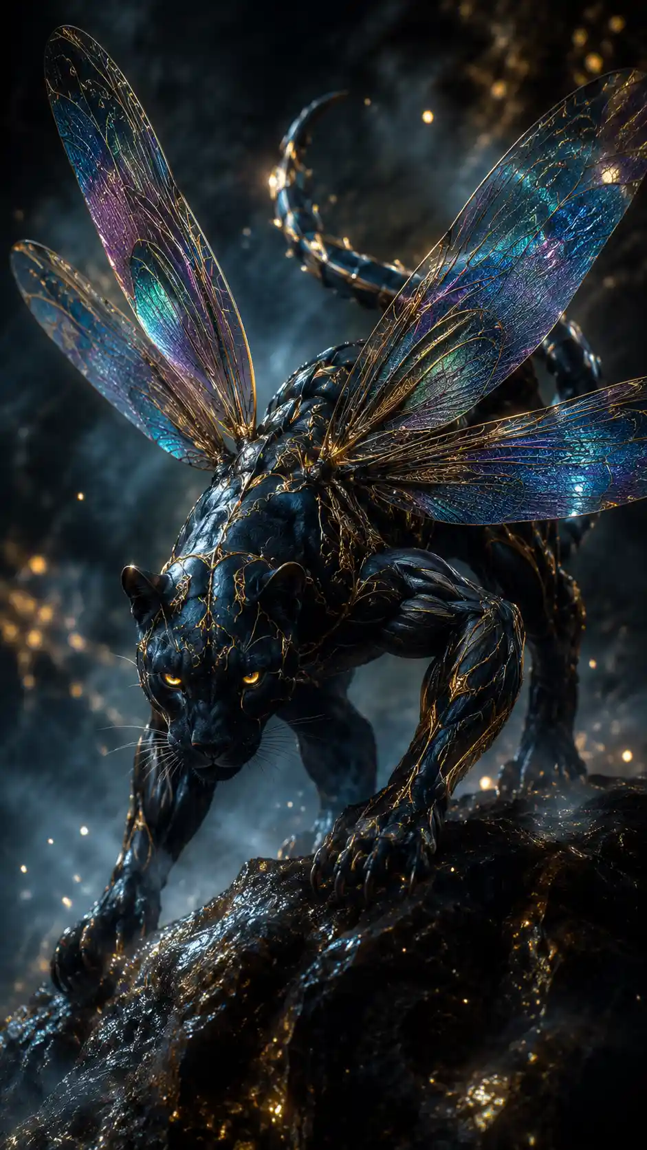 Mystical dragonfly panther hybrid with glowing eyes and sparks