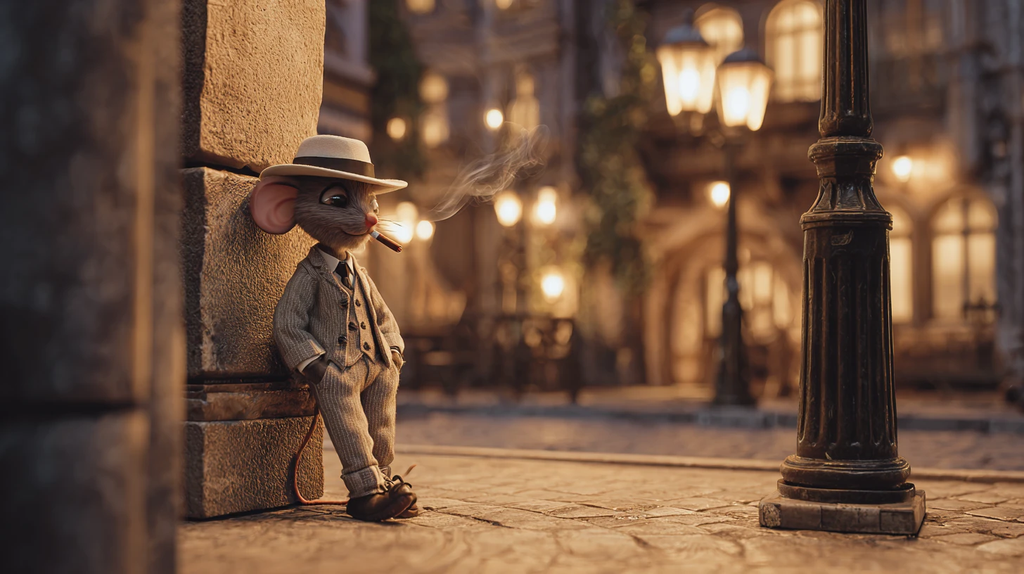 Dapper mafia mouse leaning by a lamppost at dusk