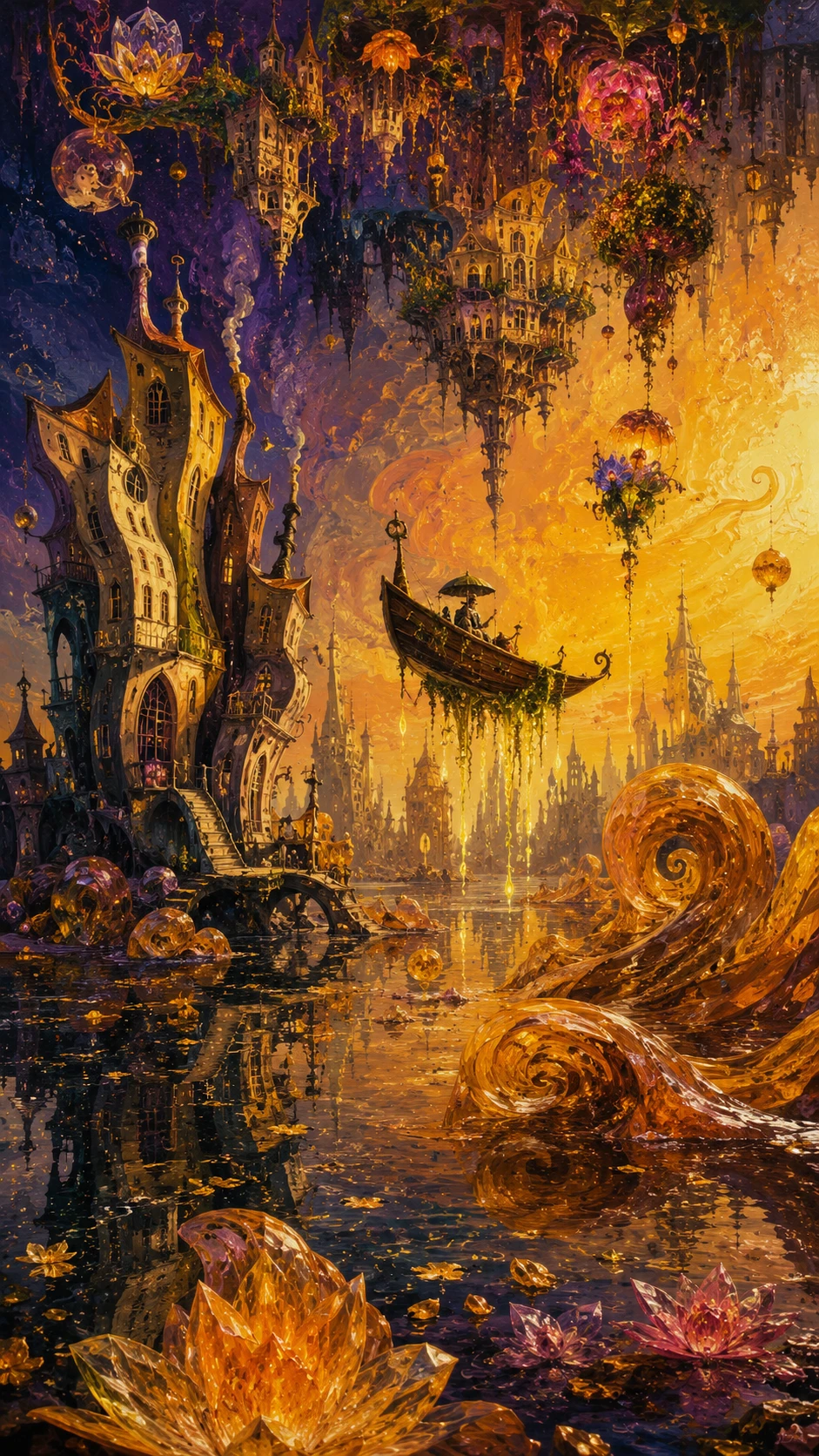 Surreal floating cityscape over twisted liquid hills