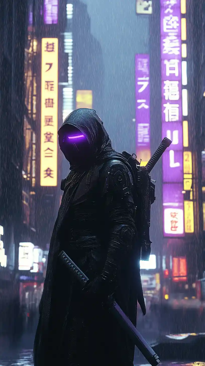 Futuristic ninja in hooded cloak in neon cyberpunk city