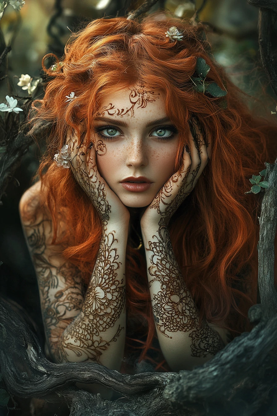Mystical woman with henna tattoos in an enchanted forest