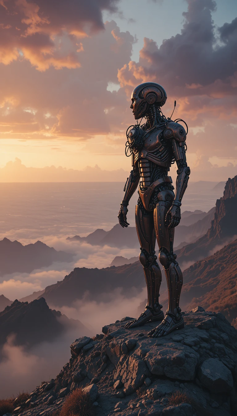 Rusty robot on a desolate peak above an alien ocean