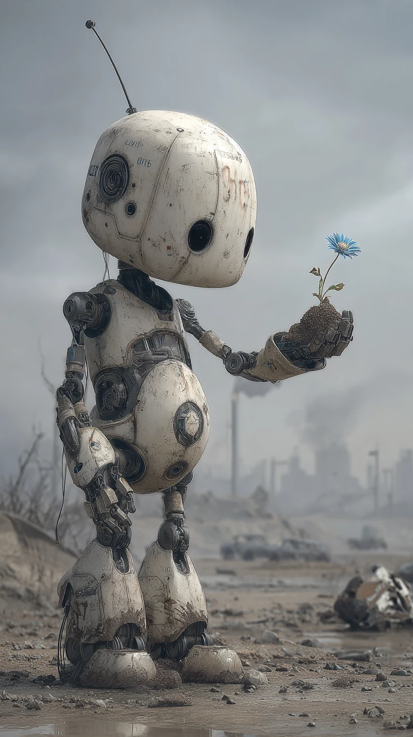 Robot Holding Blue Flower In Apocalyptic Wasteland