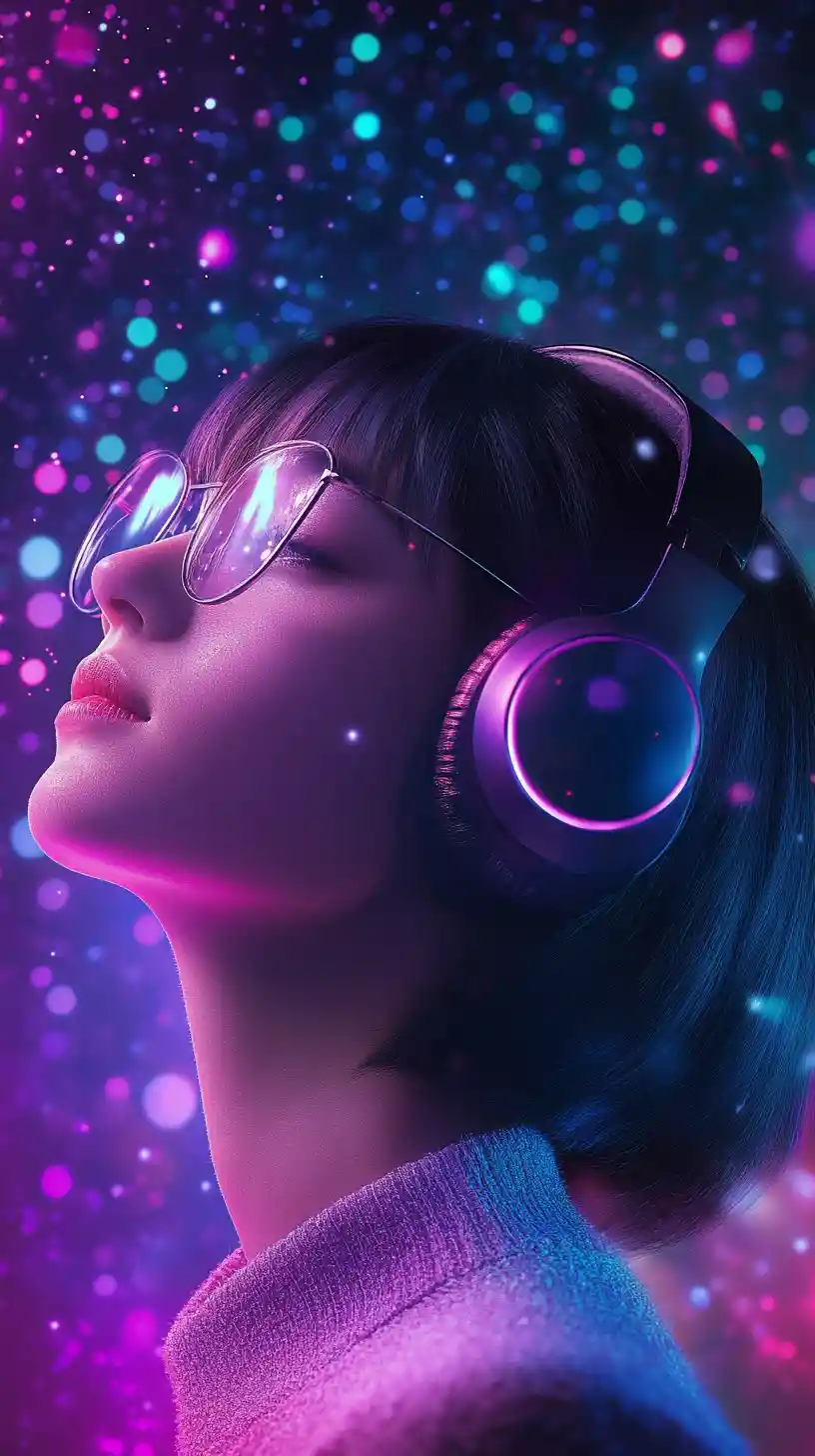 Girl in neon headphones gazing upward in digital light
