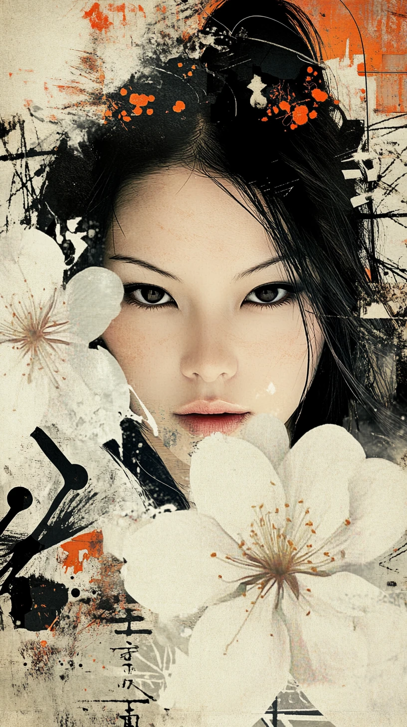 East Asian woman portrait with white flowers and ink art