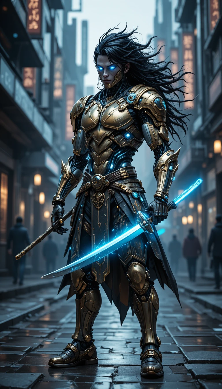 Cyborg samurai with glowing katana in futuristic city street