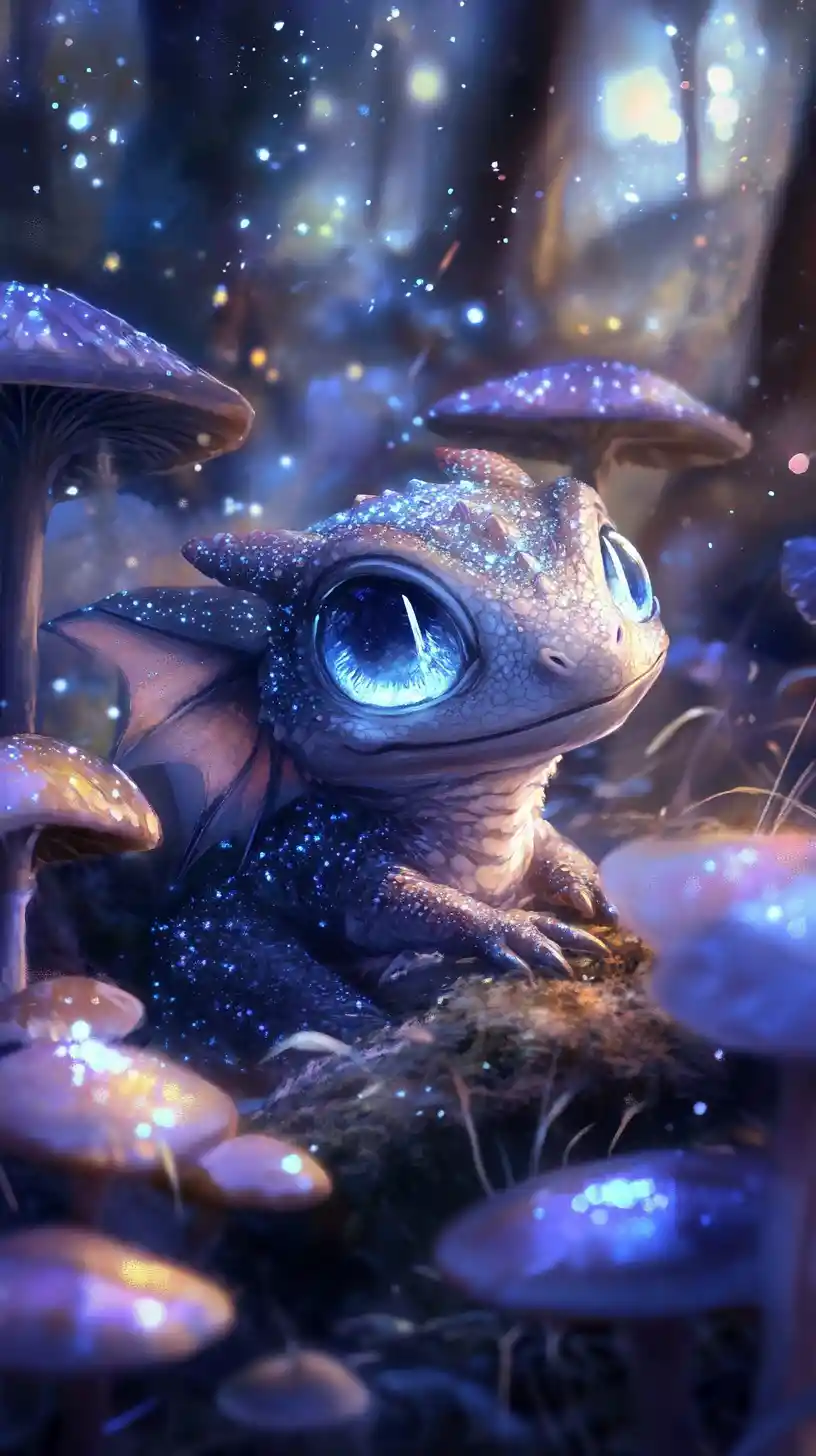 Tiny dragon resting among glowing mushrooms in a forest