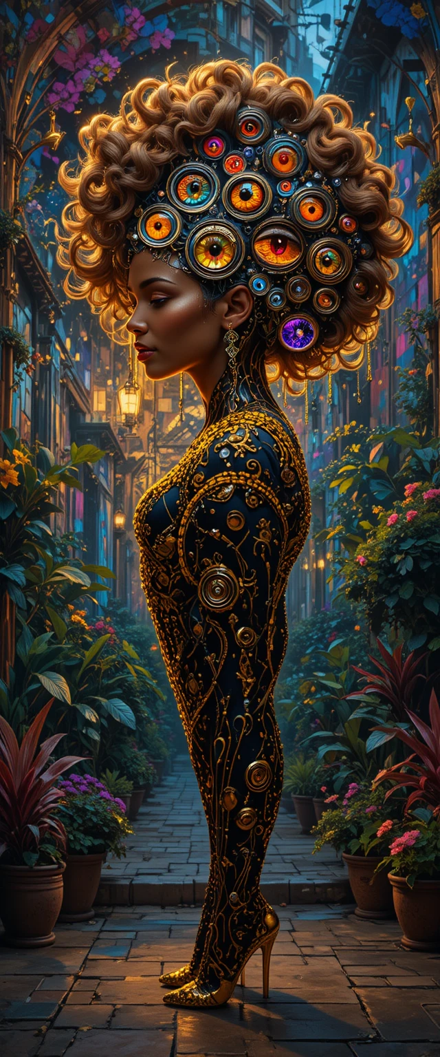 Surreal woman in golden silhouette with neon cyberpunk vibes