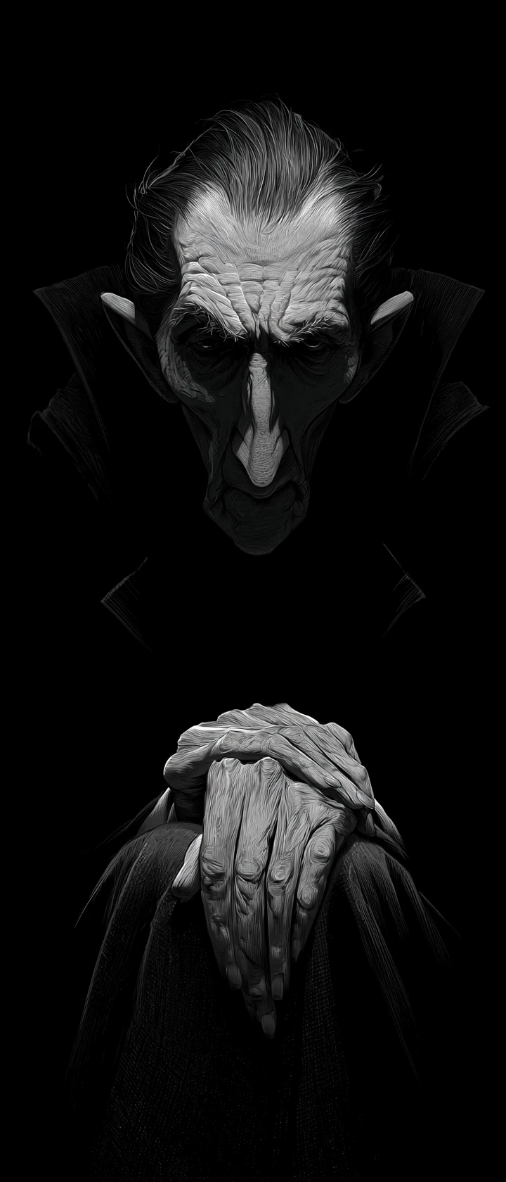 Weary vampire portrait with shadowed face and worn hands