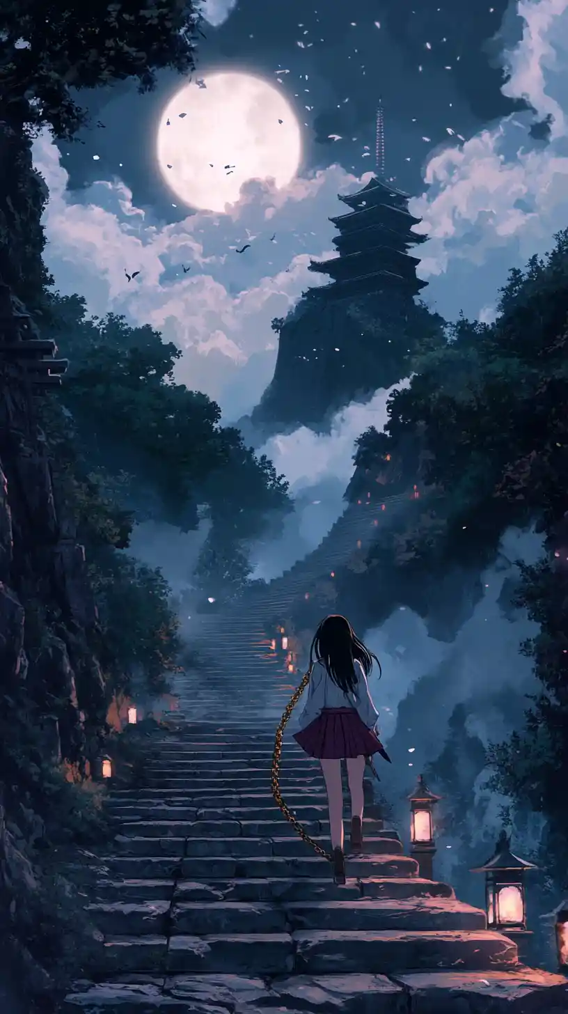 Girl walking up stone stairs under a half moon