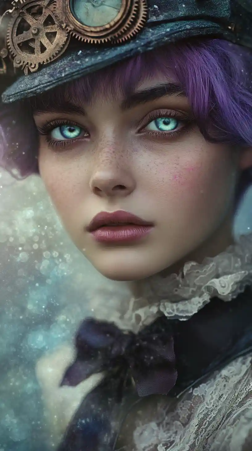 Anime girl in steampunk cap with glowing turquoise eyes