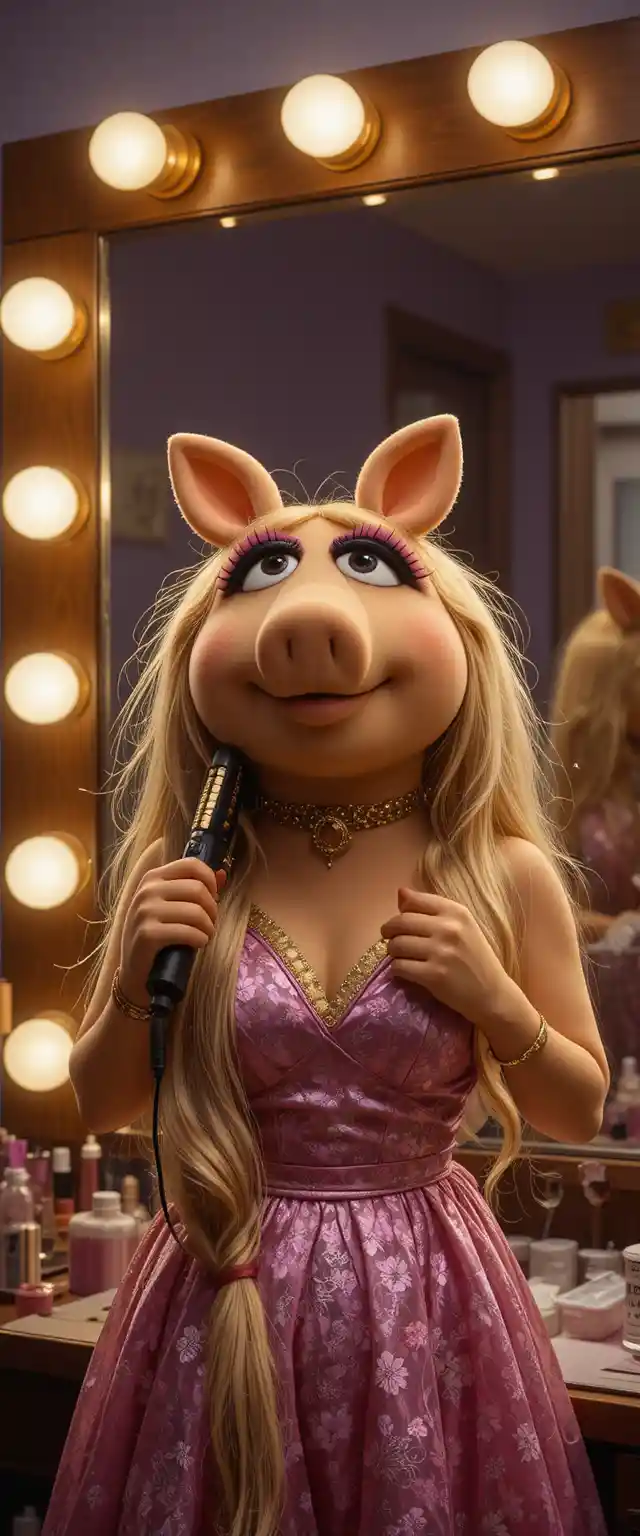 Cartoon pig diva singing in a bright makeup room
