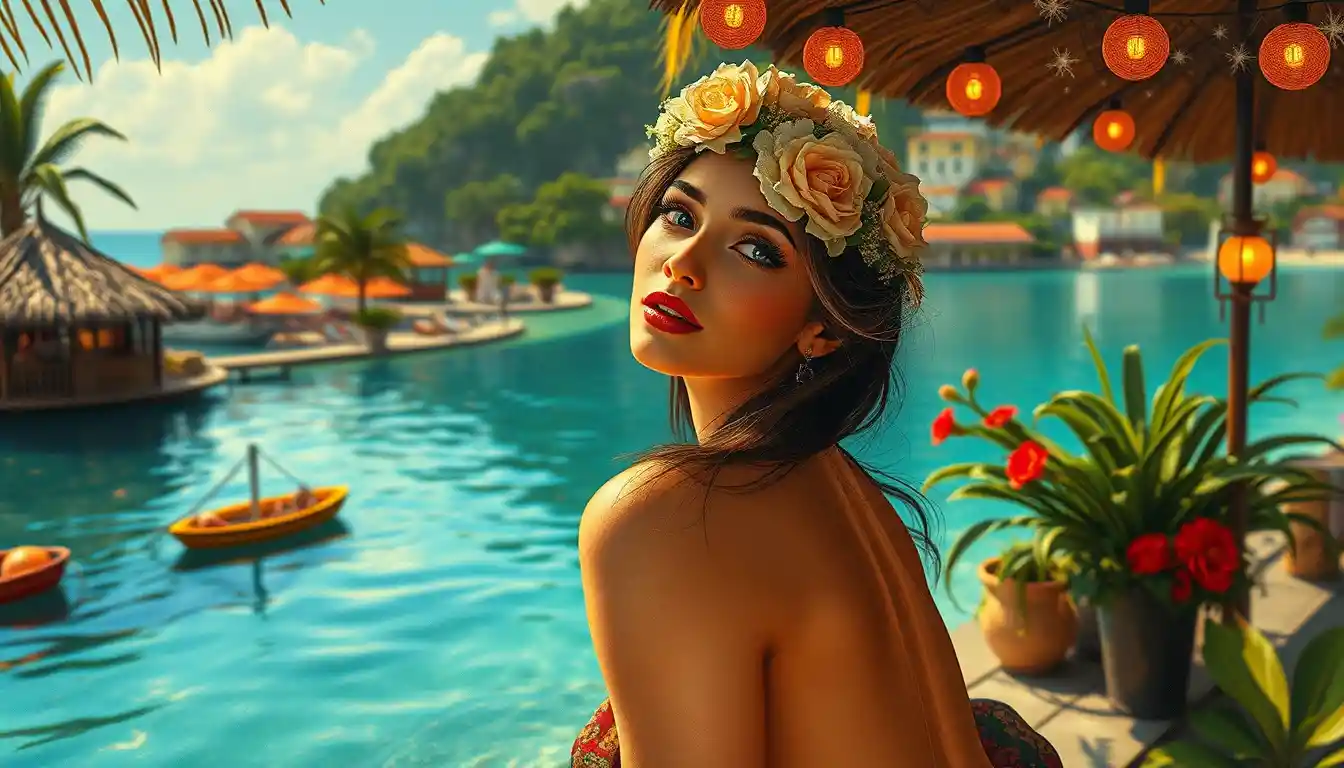 Sensual woman posing in a dreamy beach paradise garden