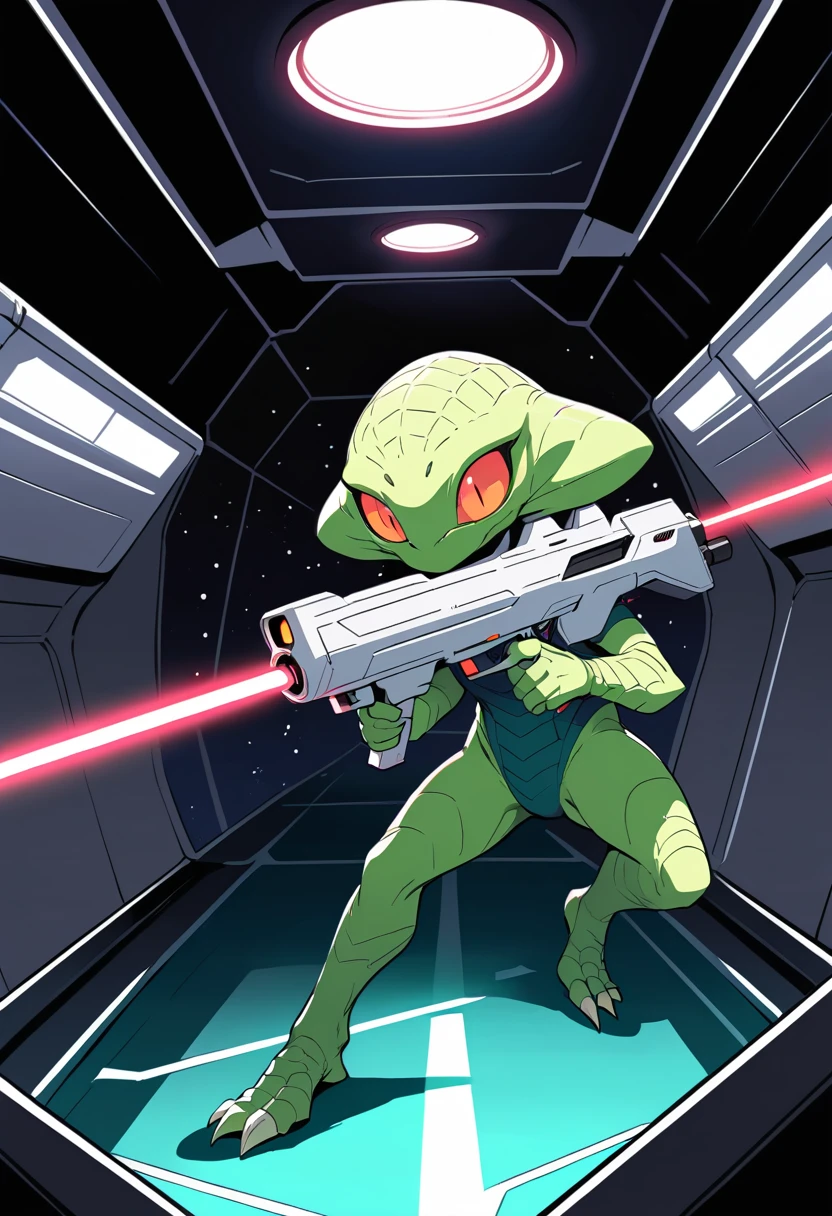 Manga-Reptilien-Alien feuert Laserpistole im Raumschiff-Hangar ab