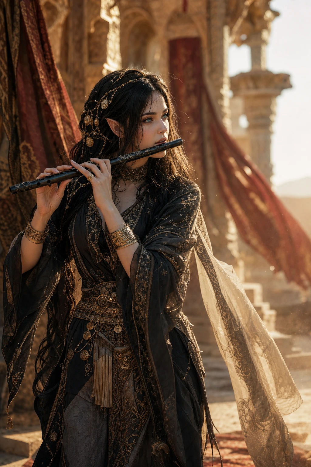 Enchanting elven bard playing flute in desert ruins