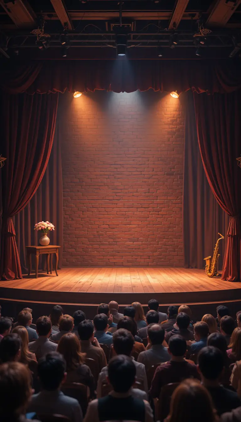 Pixar style vintage theater stage with warm spotlight