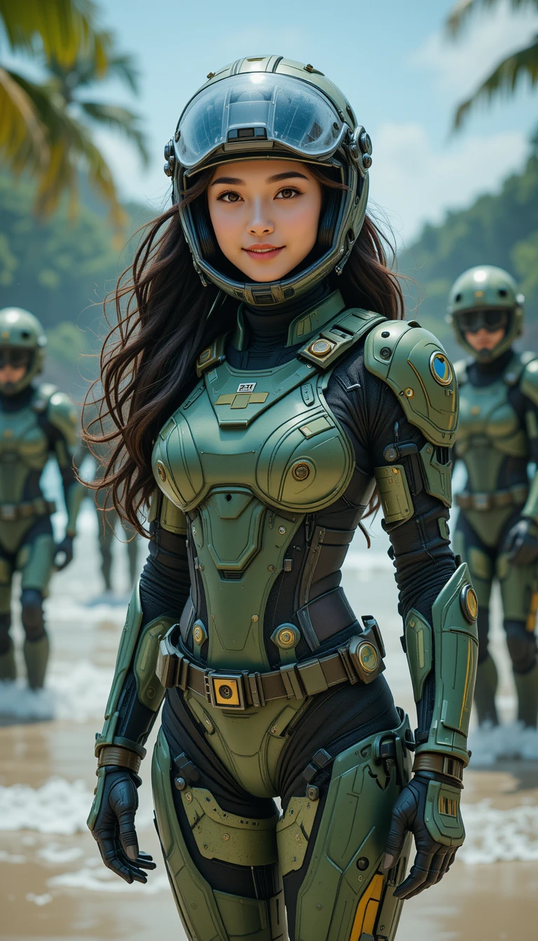 Futuristic beach medic woman smiling on tropical shoreline