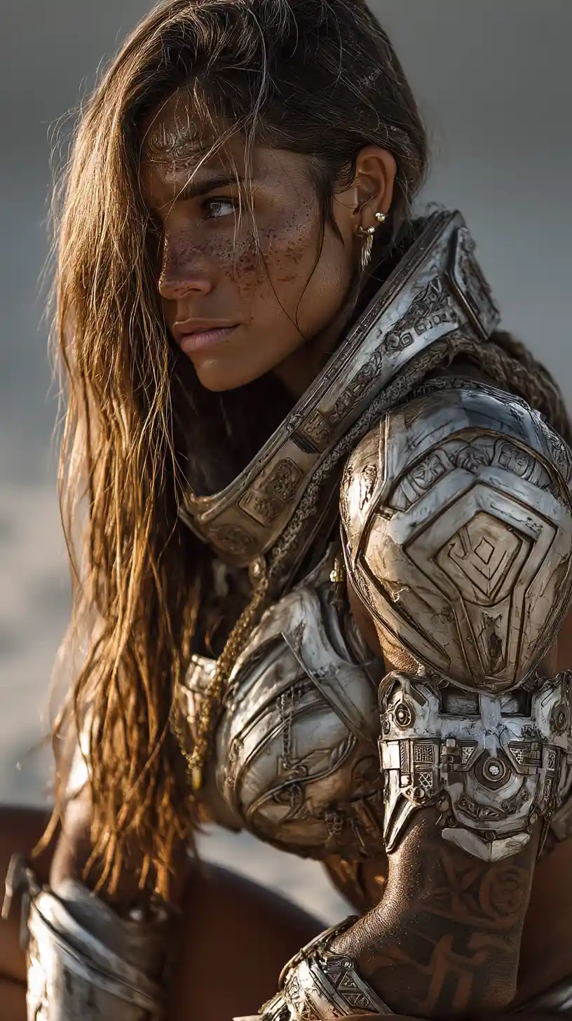 Muscular woman in sci fi armor by a glowing pool