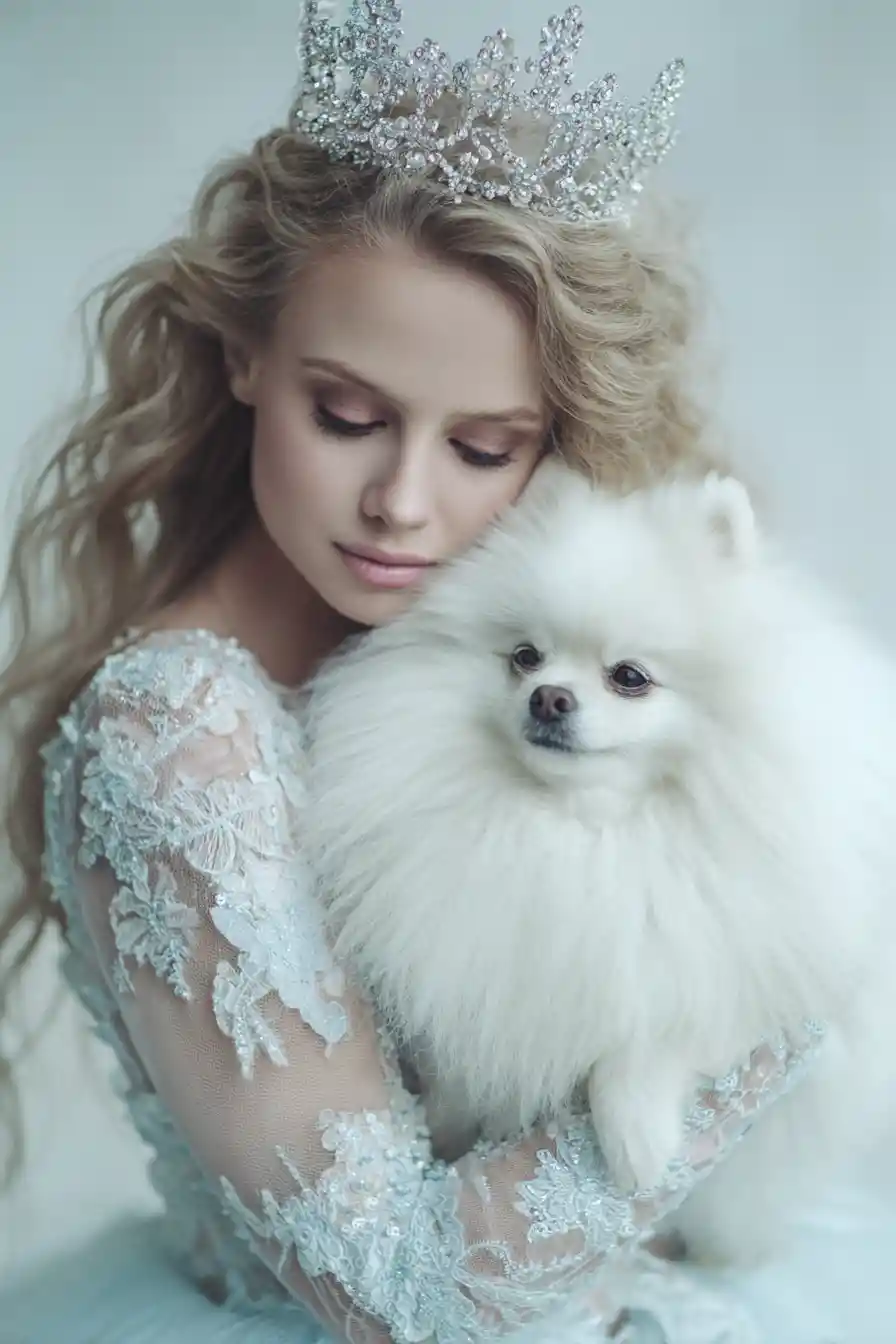 Mint green princess portrait with crown and Pomeranian