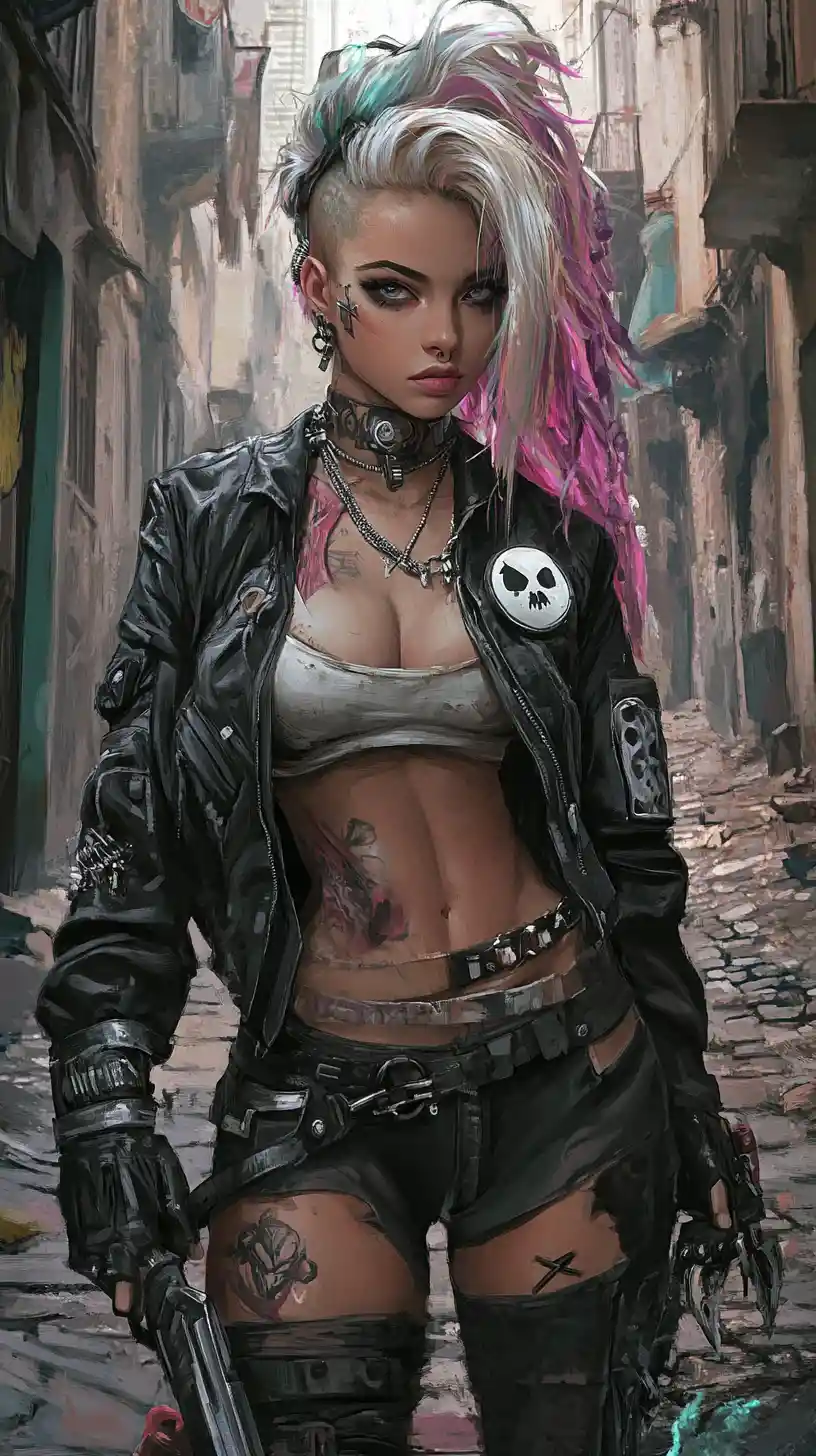 Defiant tattooed warrior woman in a ruined city alley