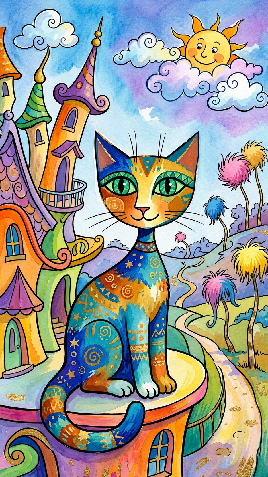 Abstract cat painting with emerald green geometric eyes
