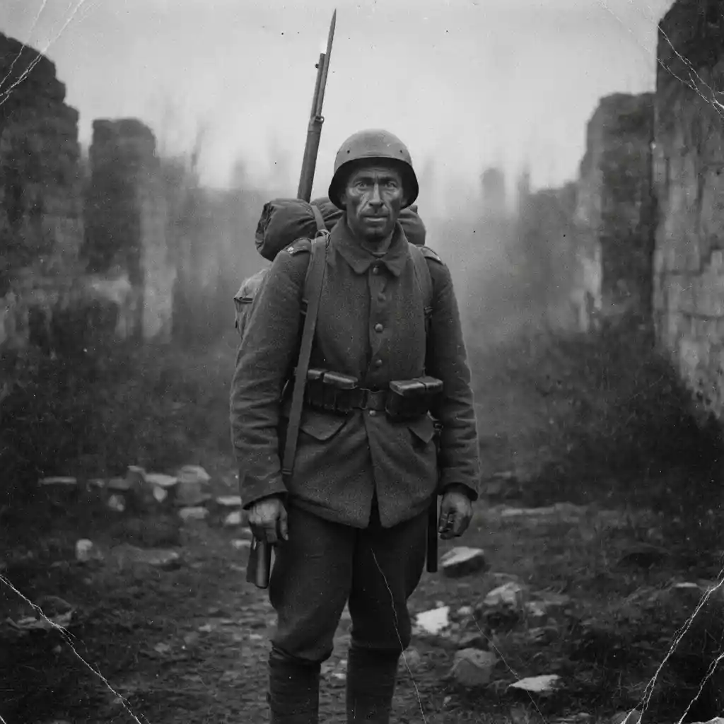 Weary early twentieth century soldier in misty countryside