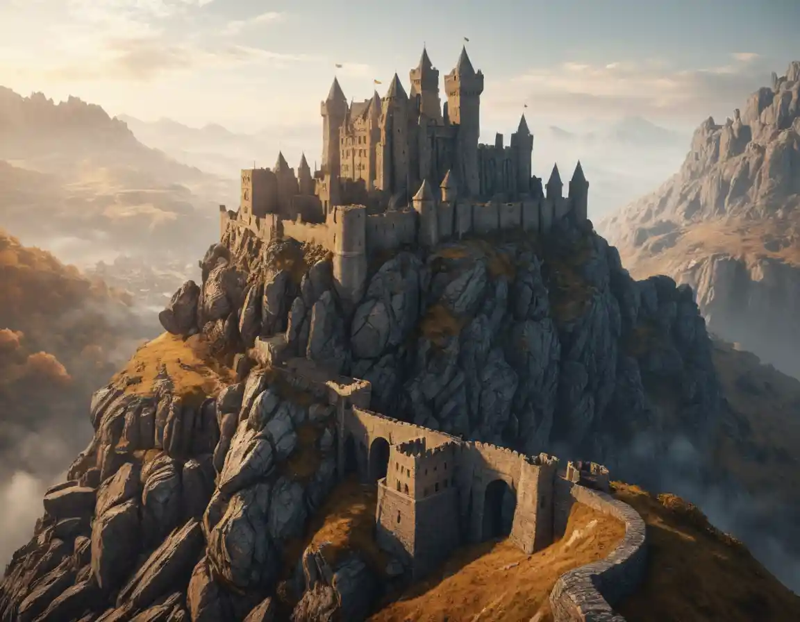 Medieval stone castle on a mountain peak at sunrise