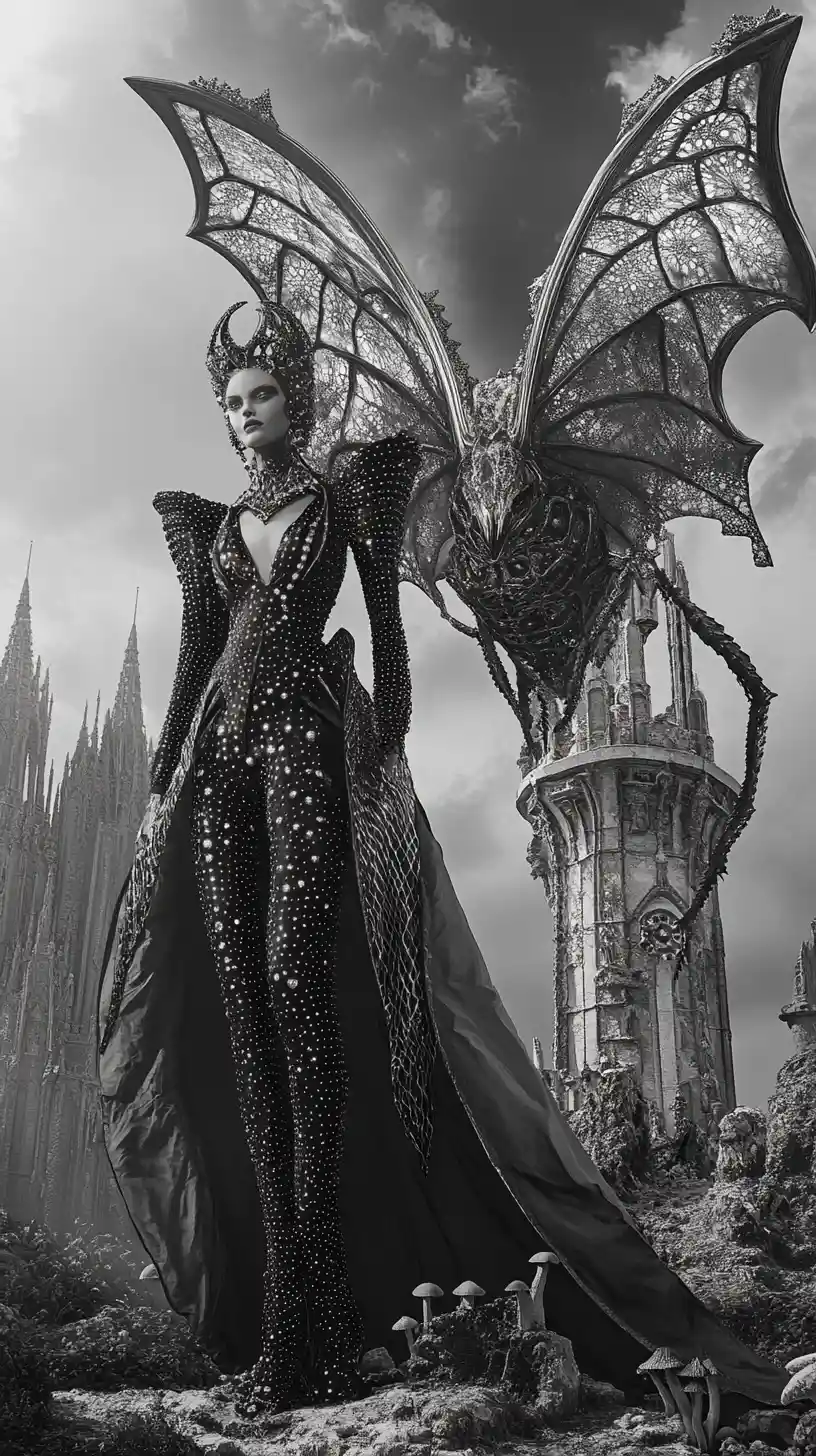 Gothic couture model towering beside surreal hybrid creature