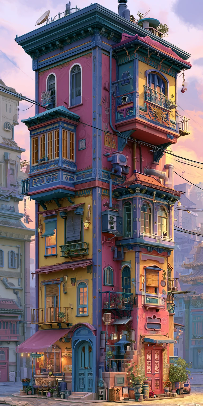 Ilustración colorida de edificios urbanos con profundidad de ciudad en capas