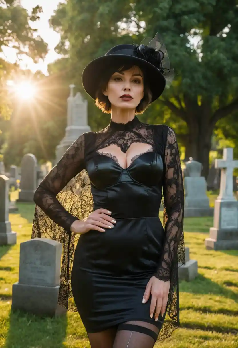 Mourning woman in black dress in a sunlit cemetery