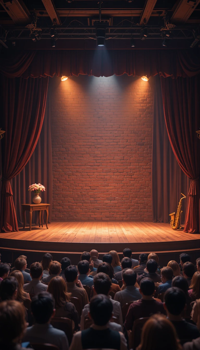 Pixar style vintage theater stage with warm spotlight