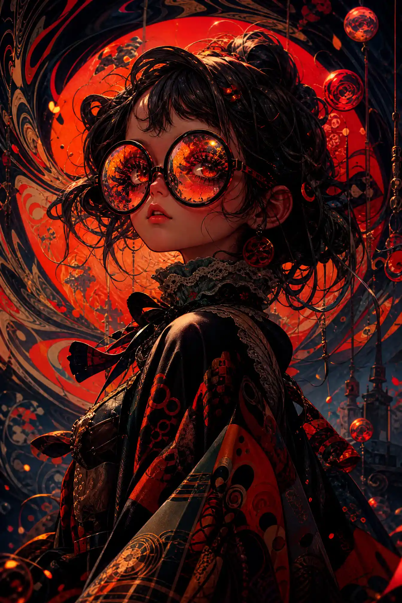 Whimsical girl with glowing kaleidoscope glasses portrait