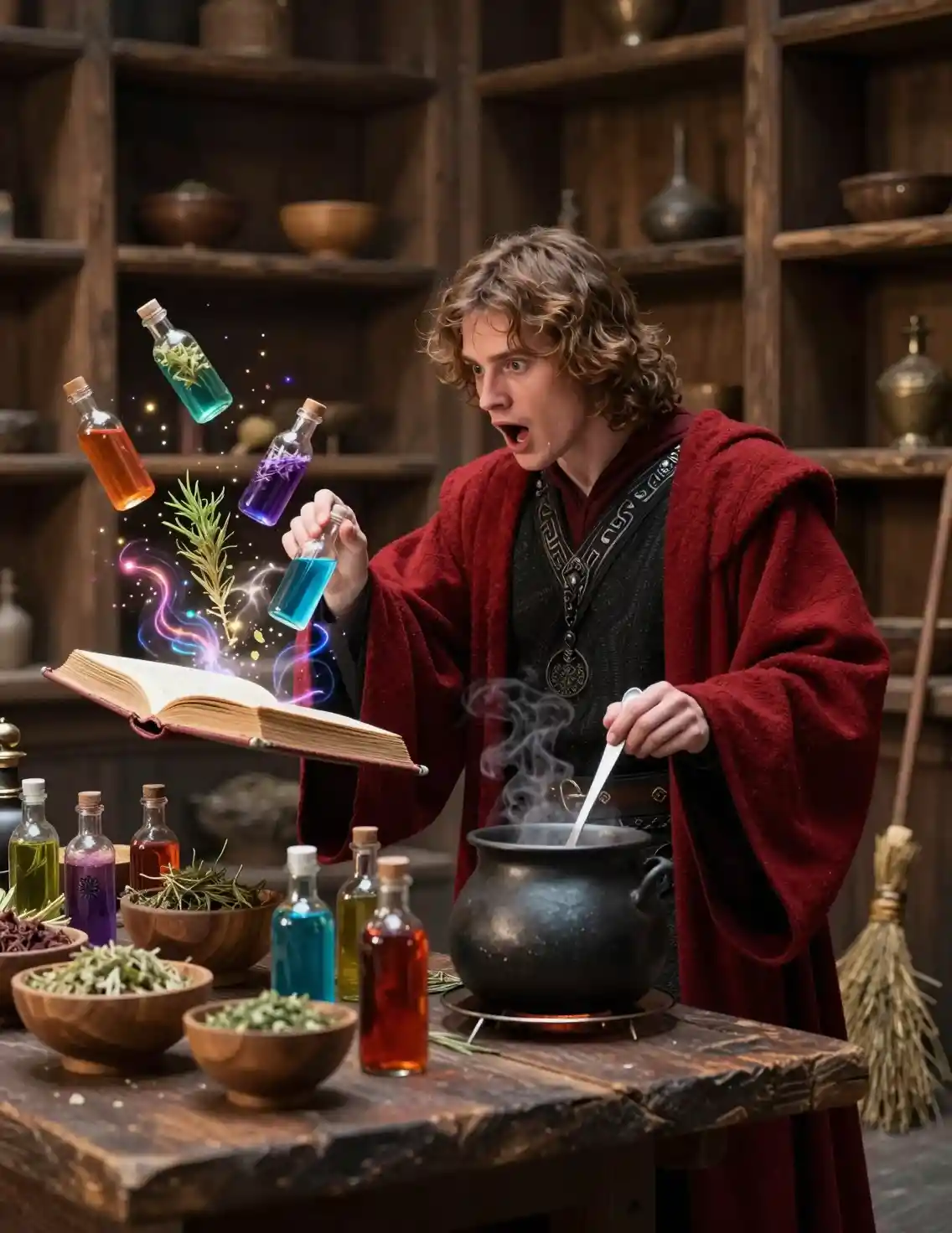Young man in red jedi robe watching floating magic objects