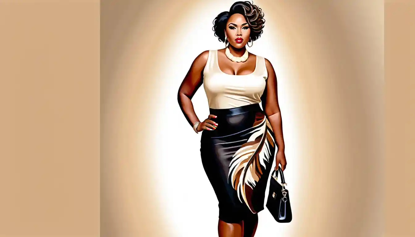 Regal plus size woman in feathered top and skirt portrait
