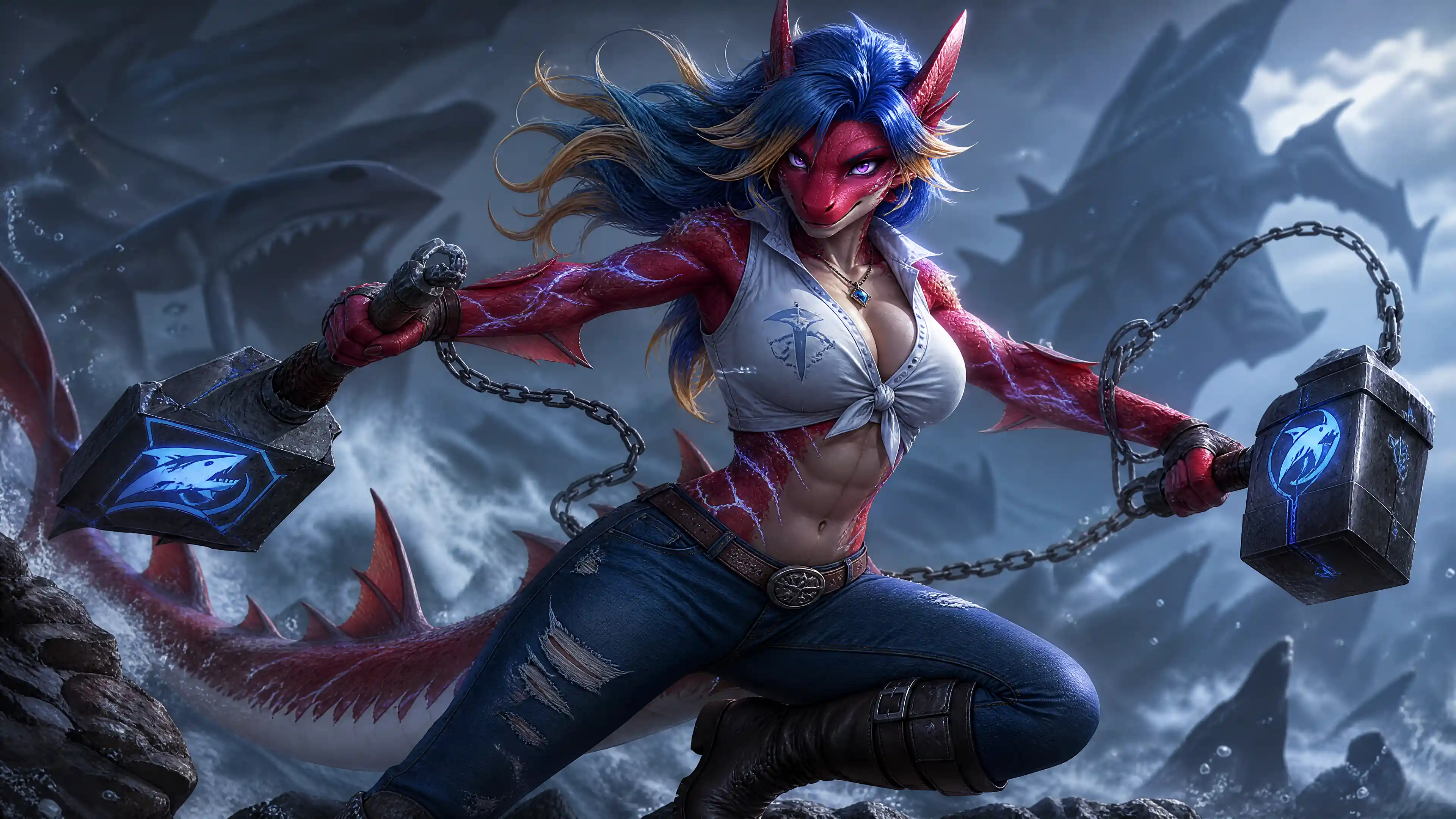 Heroic female leviathan warrior with chained hammers