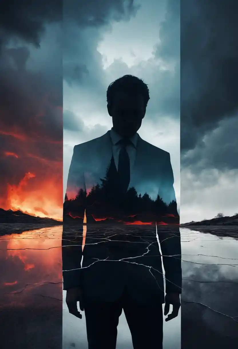 Lone figure before fractured mirror with inner storm glow