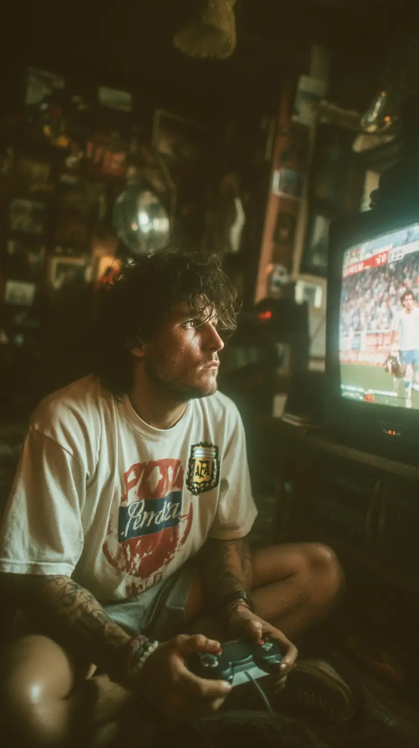 Man playing console game on crt tv in bedroom