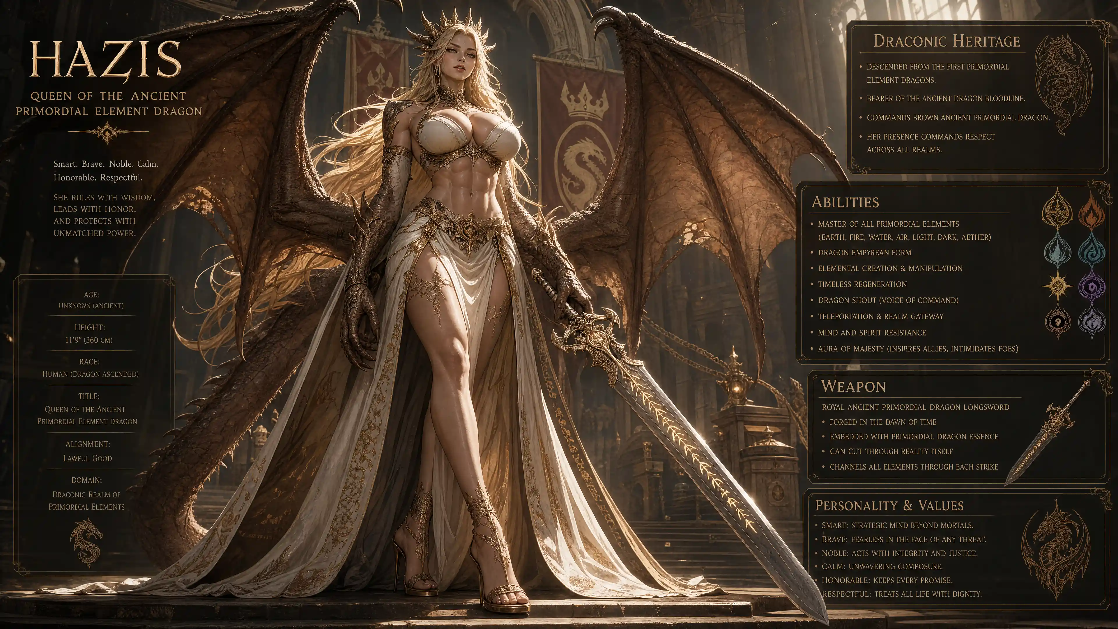 Tall dragon queen warrior woman with ancient wings