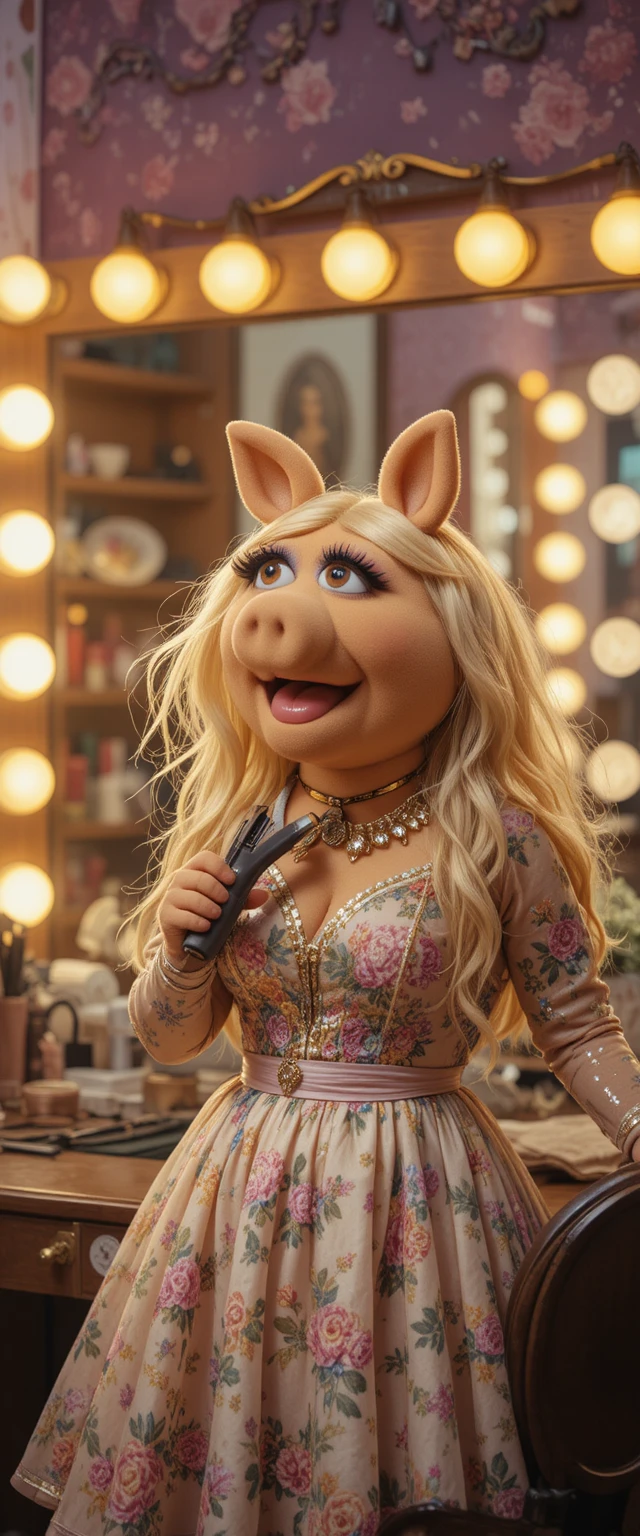 Woman singing while straightening her tail in dressing room